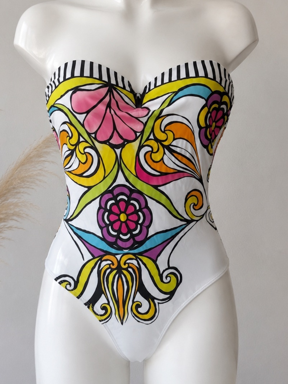 Strapless Floral One Piece Swimsuit White Multicolor Bandeau Retro Print S/M